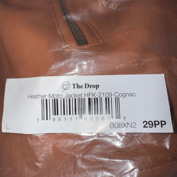 The Drop Heather Moto Jacket Cognac Faux Leather Zip Womens Size L - Picture 7 of 8